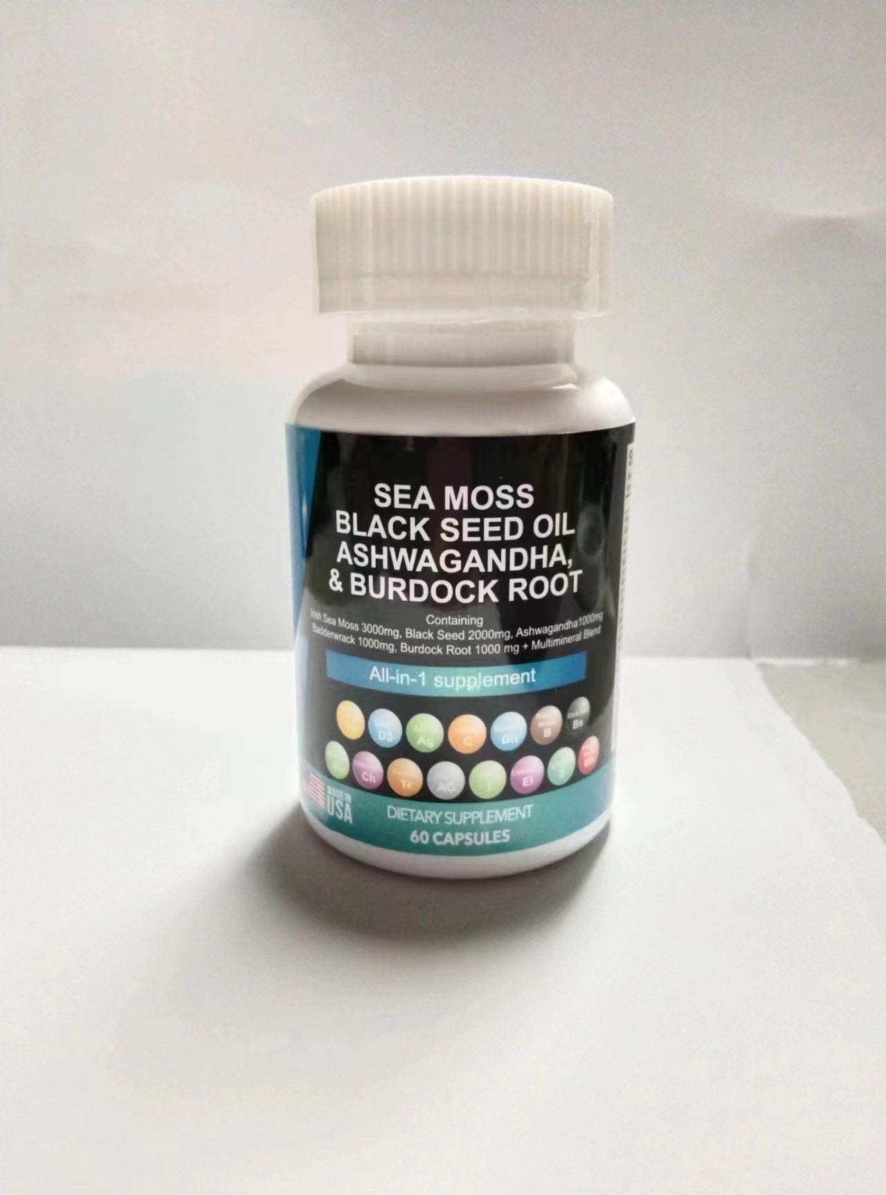 Sea Moss 3000mg Black Seed Oil 2000mg Ashwagandha 999mg Turmeric 999mg Bladderwrack 999mg Burdock 999mg & Vitamin C & D3 With Elderberry Manuka Dandelion Yellow Dock Iodine Chlorophyll ACV