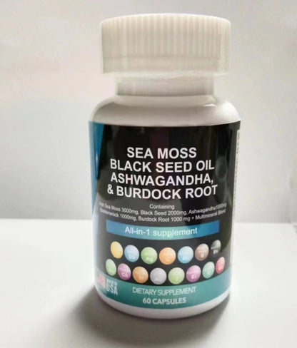 Sea Moss 3000mg Black Seed Oil 2000mg Ashwagandha 999mg Turmeric 999mg Bladderwrack 999mg Burdock 999mg & Vitamin C & D3 With Elderberry Manuka Dandelion Yellow Dock Iodine Chlorophyll ACV