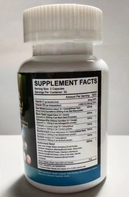 Sea Moss 3000mg Black Seed Oil 2000mg Ashwagandha 999mg Turmeric 999mg Bladderwrack 999mg Burdock 999mg & Vitamin C & D3 With Elderberry Manuka Dandelion Yellow Dock Iodine Chlorophyll ACV