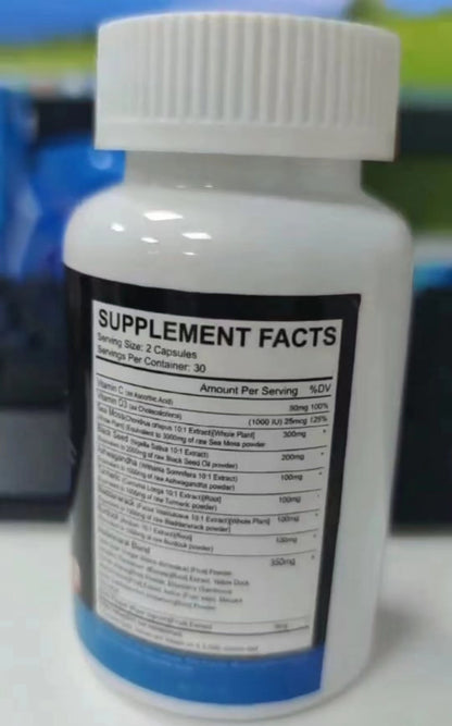 Sea Moss 3000mg Black Seed Oil 2000mg Ashwagandha 999mg Turmeric 999mg Bladderwrack 999mg Burdock 999mg & Vitamin C & D3 With Elderberry Manuka Dandelion Yellow Dock Iodine Chlorophyll ACV